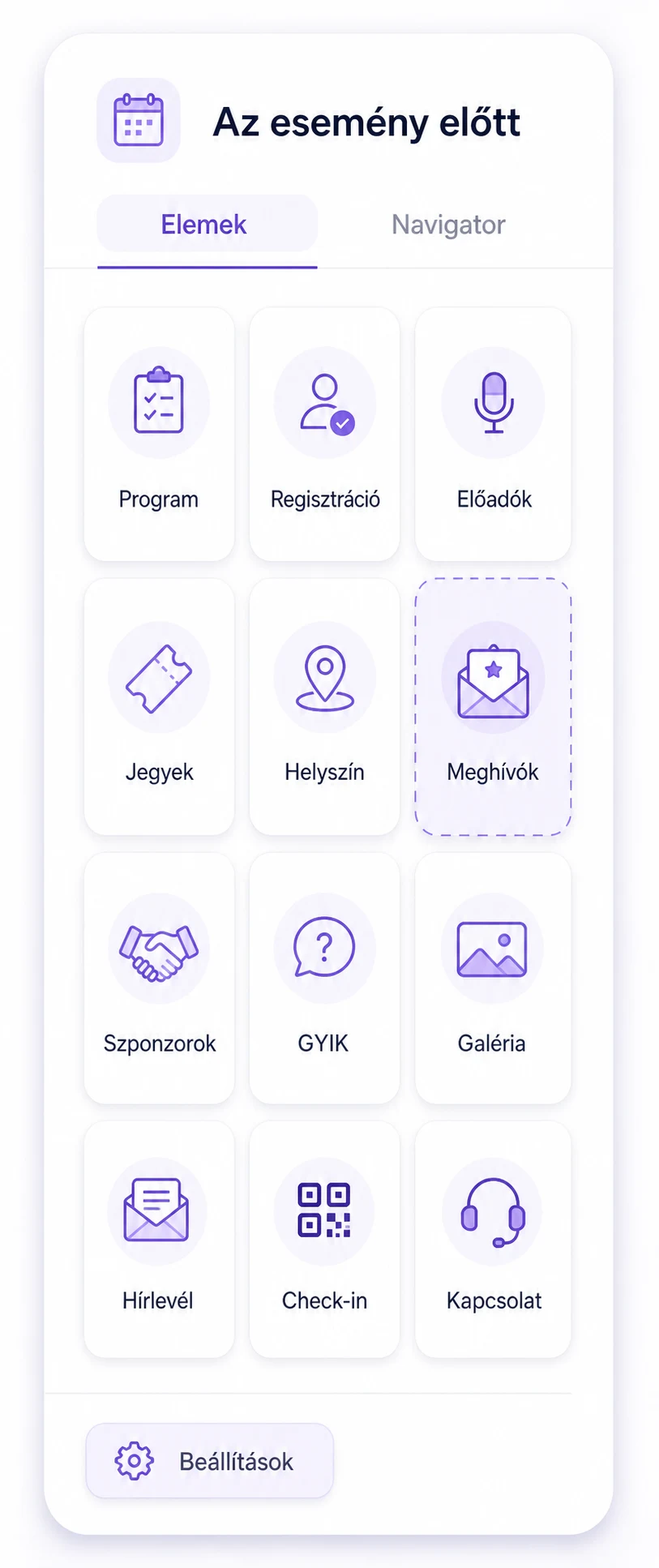 Rendezvény-app elemtár vizualizációja — eClick: program, regisztráció, előadók, jegyek, helyszín, meghívók, szponzorok, GYIK, galéria, hírlevél, check-in, kapcsolat — egy kattintással hozzáadható elemek a saját rendezvény-oldaladhoz  eClick Apps