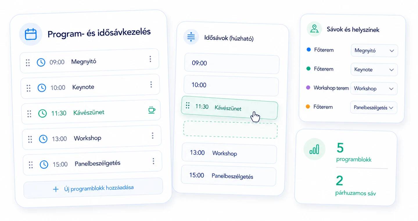 Program- és idősávkezelés a rendezvényszervezésben — eClick: programblokkok időpontokkal (megnyitó, keynote, kávészünet, workshop, panelbeszélgetés), drag & drop húzható idősávok, párhuzamos sávok és helyszín-hozzárendelés (főterem, workshop terem)  eClick Apps