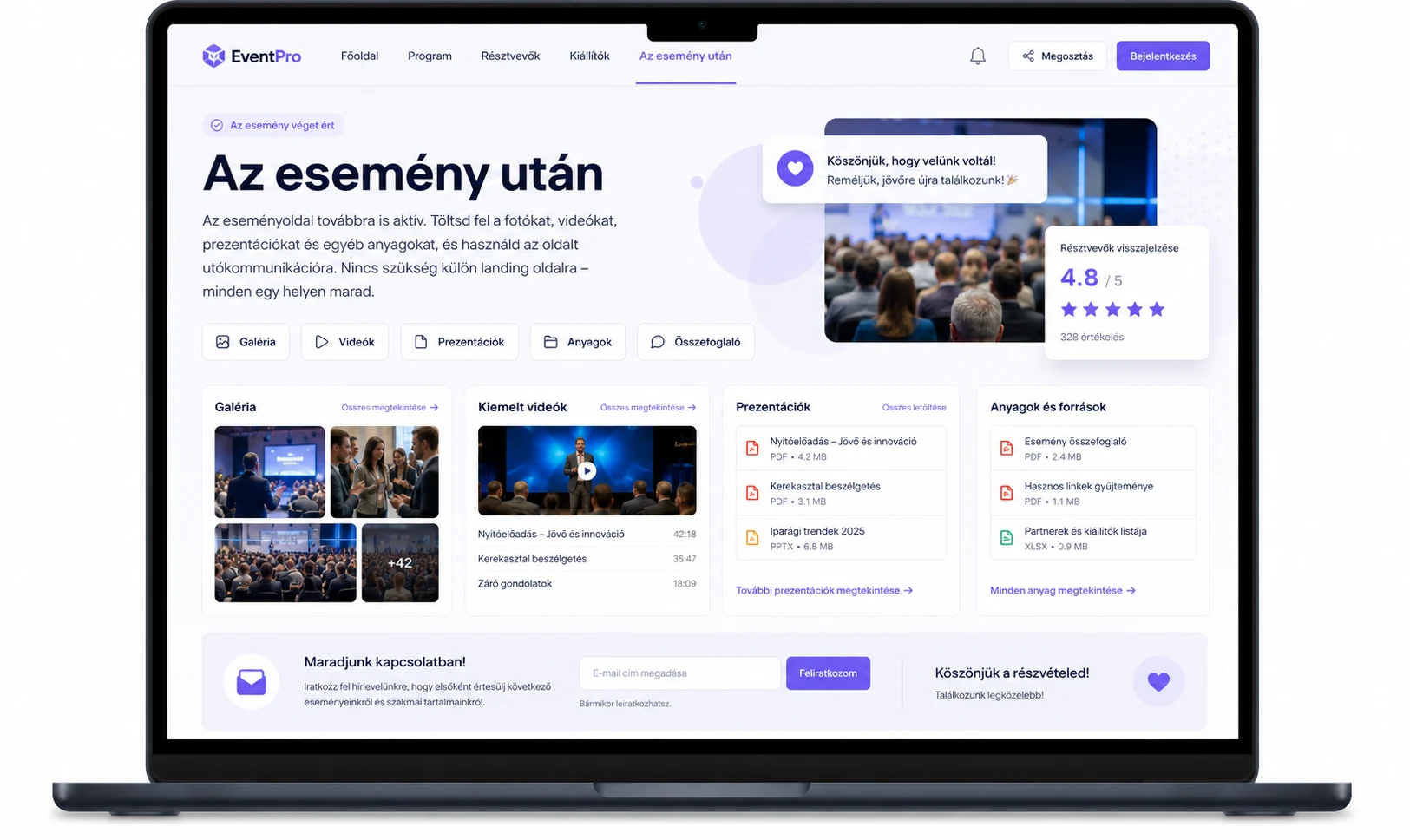 Esemény utáni oldal vizualizációja (asztali nézet) — eClick: galéria, videók, prezentációk, anyagok, résztvevői visszajelzések, hírlevél-feliratkozás — minden egy helyen  eClick Apps