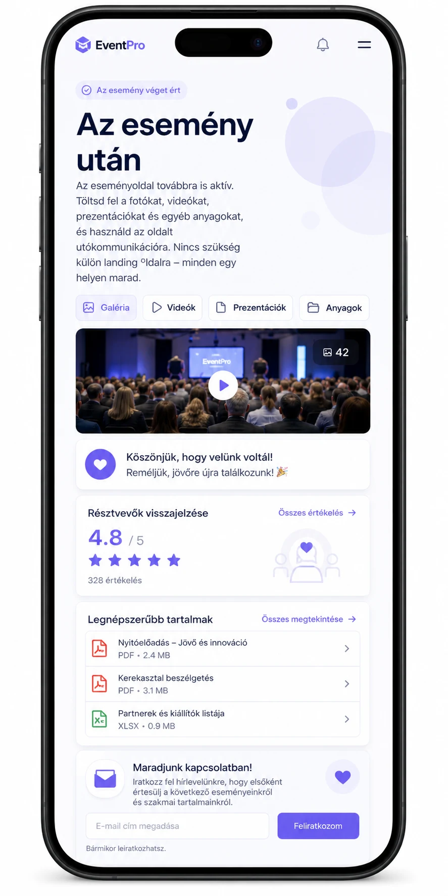 Esemény utáni oldal vizualizációja (mobil nézet) — eClick: galéria, videók, prezentációk, kiemelt tartalmak letöltése, résztvevői értékelések és hírlevél-feliratkozás  eClick Apps