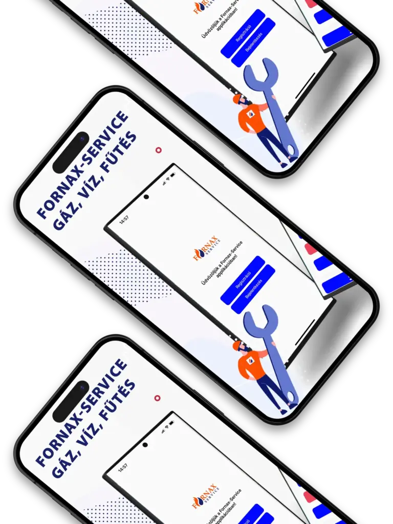 Diagonal collage of smartphones showing the Fornax Service app with the text 'GÁZ, VÍZ, FŰTÉS' and a worker holding a large wrench.  eClick Apps