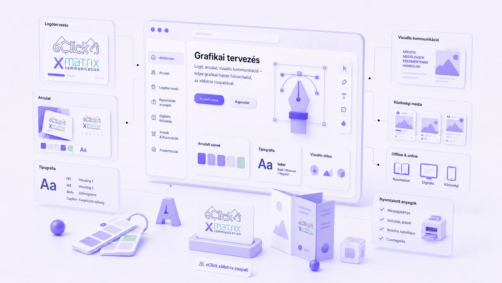 Grafikai tervezés vizualizációja — eClick xMatrix: logó, arculat, vizuális kommunikáció, tipográfia, nyomtatott anyagok és közösségi média grafikák  eClick Apps