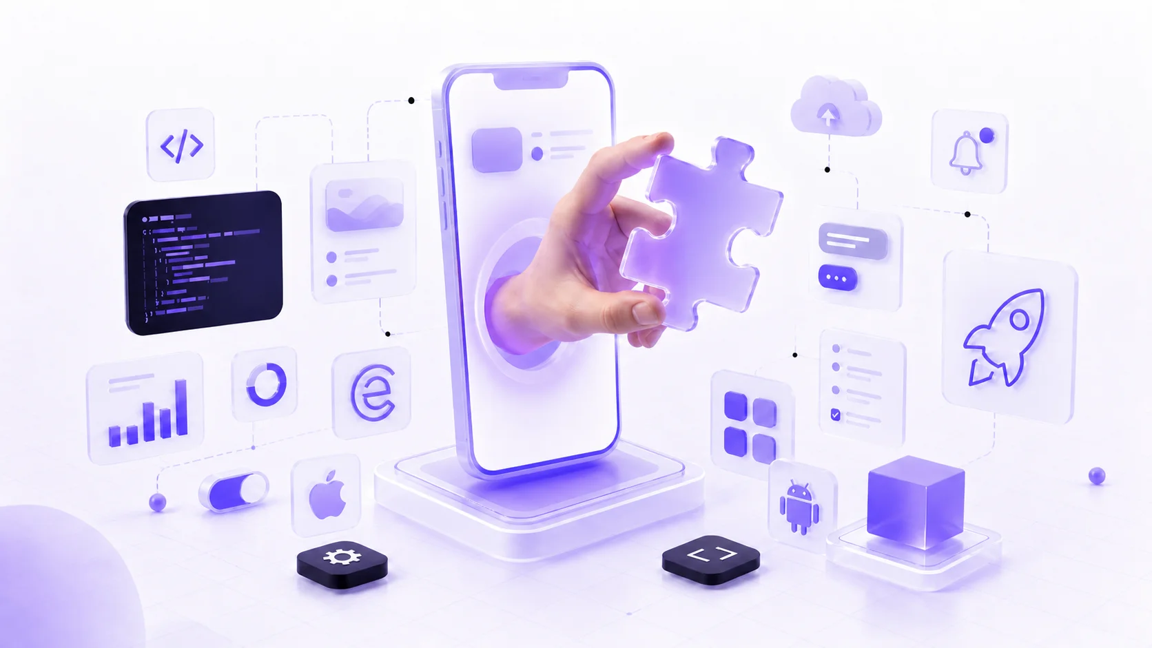 Mobil app fejlesztés vizualizációja — eClick: iOS és Android natív app, kódolás, push értesítések, cloud integráció és AI funkciók  eClick Apps