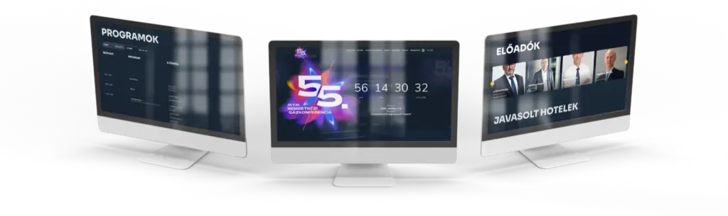 Three angled desktop monitors on a white base display different conference pages, with left labeled PROGRAMOK, middle a countdown, right showing ELŐADÓK and JÁVASOLT HOTELEK.  eClick Apps