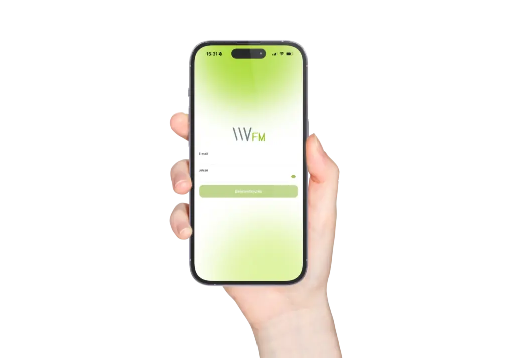 Hand holding a smartphone displaying a login screen with E-mail and Jelszó fields and a green Bejelentkezés button.  eClick Apps