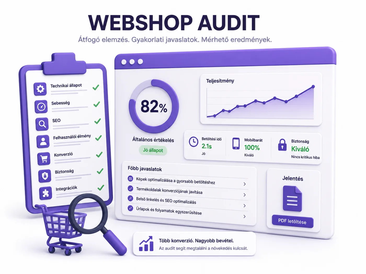 Webshop audit dashboard — sebesség, kódminőség, SEO mérőszámokkal és checklistával.  eClick Apps