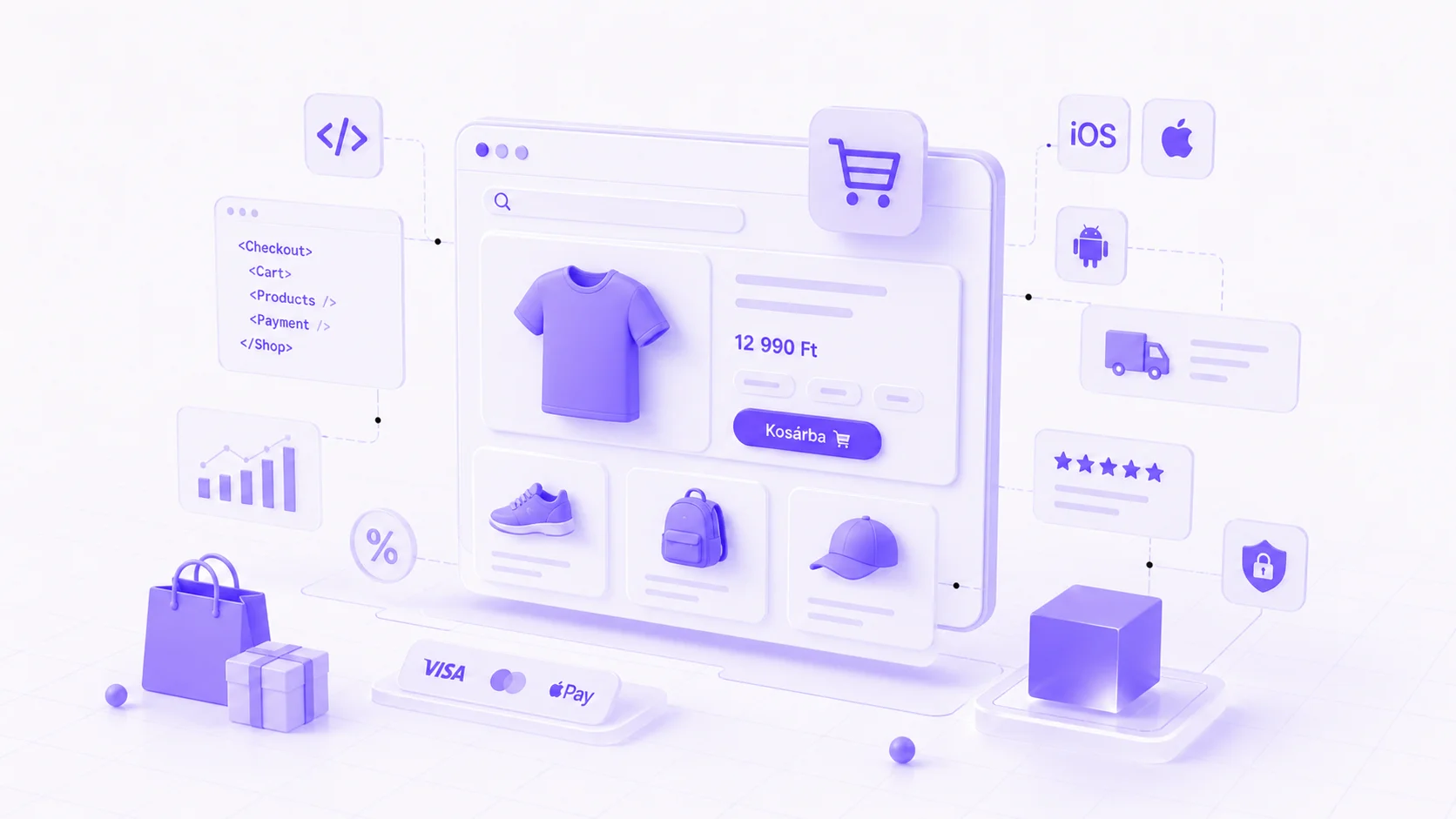 Egyedi webshop és e-commerce fejlesztés vizualizációja — eClick: termékoldal, kosár, fizetési integrációk (Visa, Mastercard, Apple Pay), iOS és Android támogatás  eClick Apps
