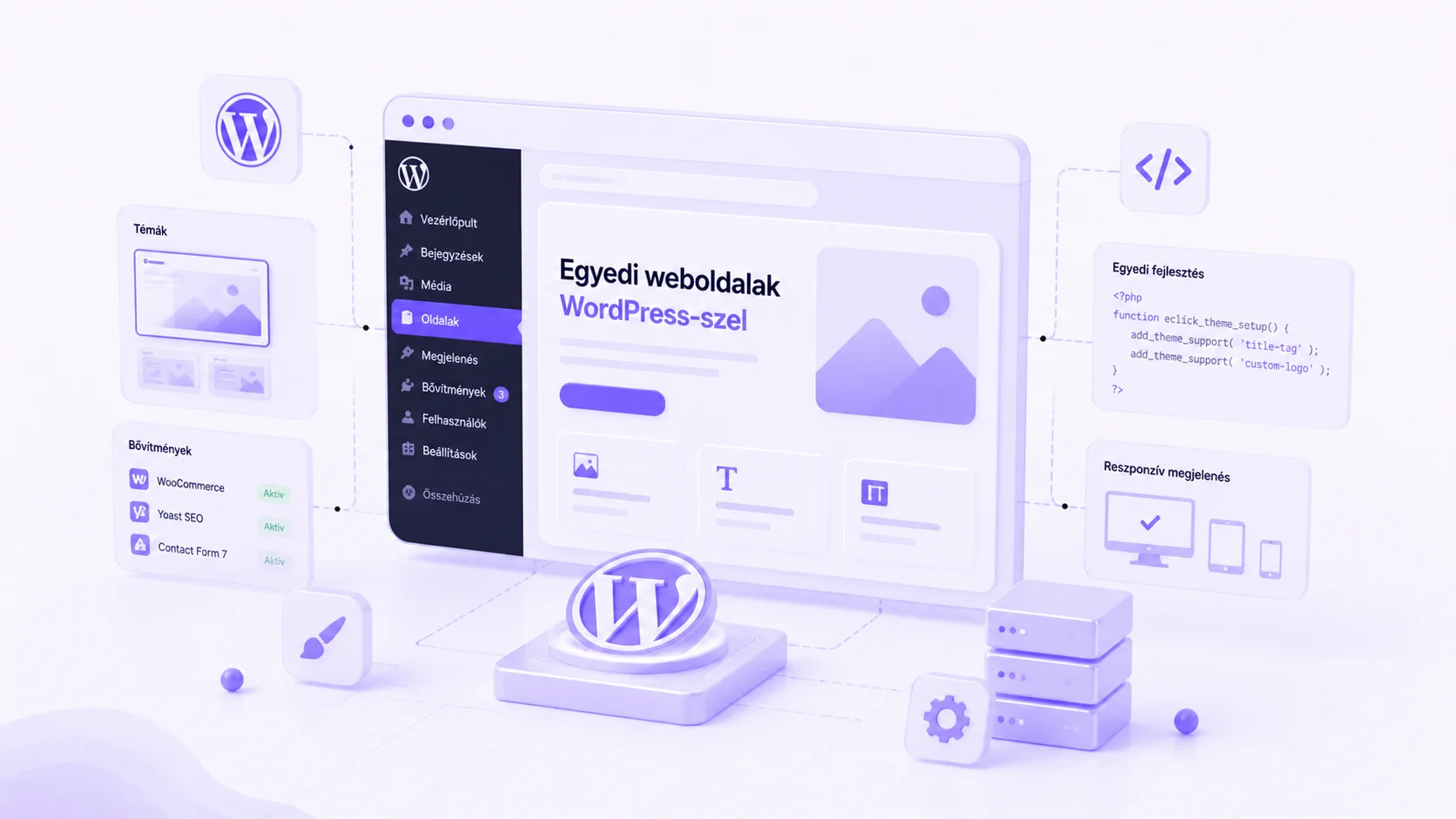 WordPress fejlesztés vizualizációja — eClick: egyedi témák, plugin integrációk (WooCommerce, Yoast SEO, Contact Form 7), reszponzív megjelenés és egyedi PHP fejlesztés  eClick Apps